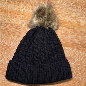 Black Knit Beanie with Faux Fur Pom